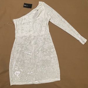 FashionNova white one sleeve mini dress, size L